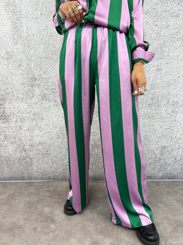 Satin Style Trousers In Green/Purple Stripe
