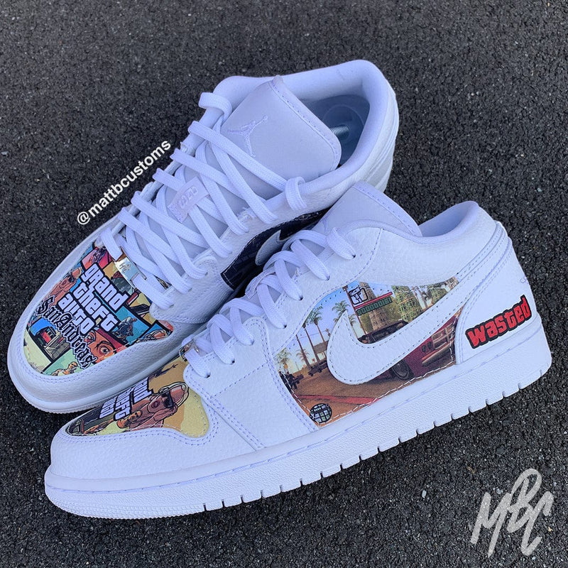 NIKE JORDAN 1 LOW CUSTOM TRAINERS WITH SAN ANDREAS LIVIN' DESIGN PRINTED ONTO MATERIAL AND SEWN ONTO THE SHOES. WITH ADDITIONAL HAND PAINTED WORDS