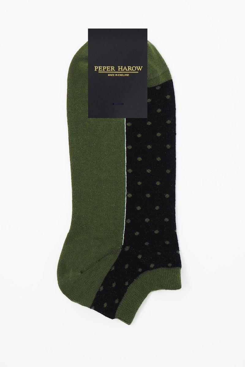 Khaki Polka trainer organic cotton socks by Peper Harow in packaging