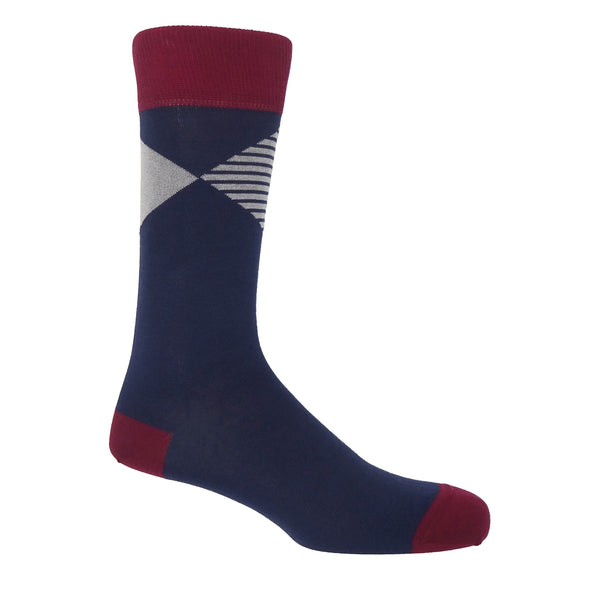 Peper Harow navy Big Diamond luxury men's socks featuring a solid and striped diamonds coalescing at their points
