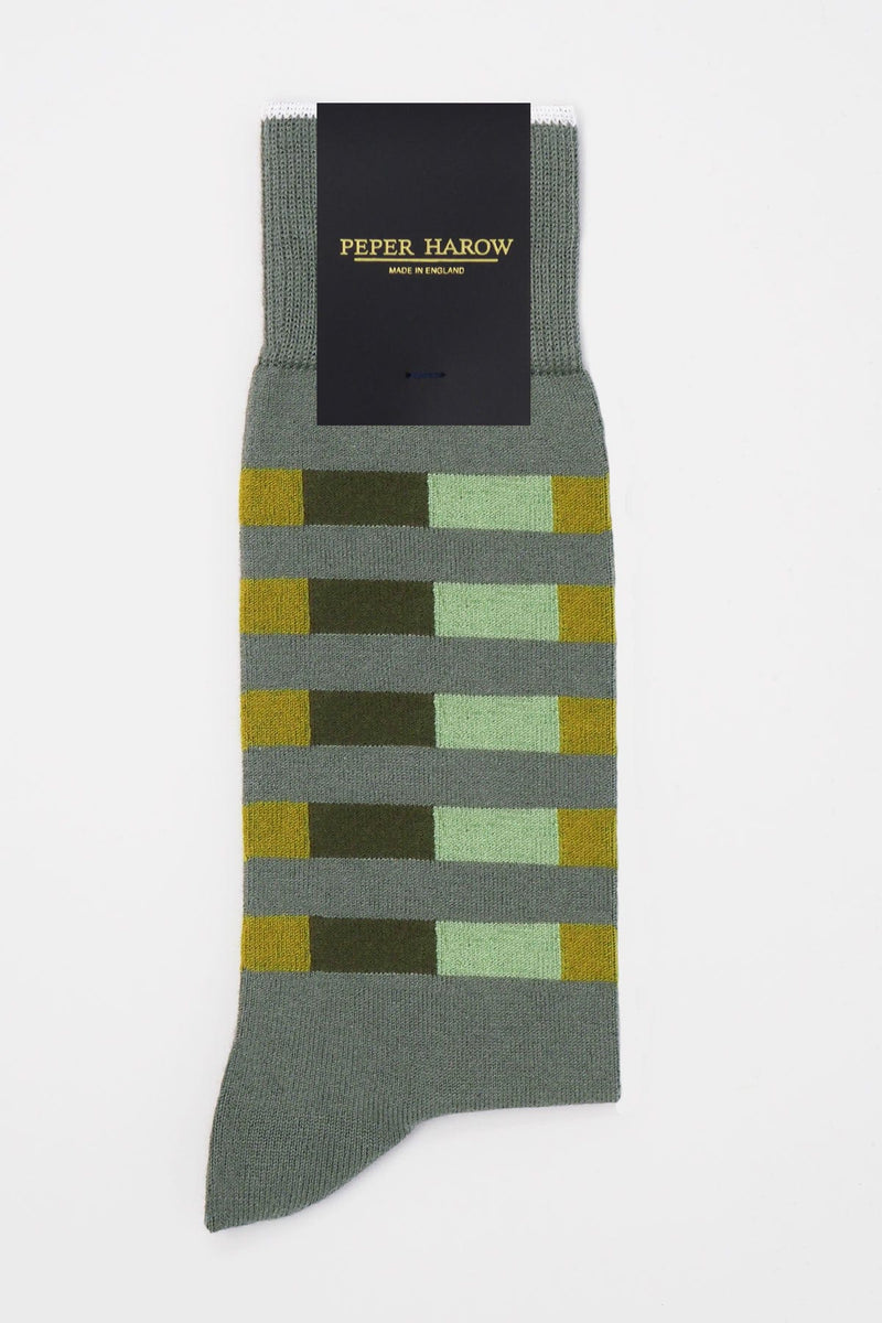 Grey Quad Stripe men's luxury socks in Peper Harow packaging
