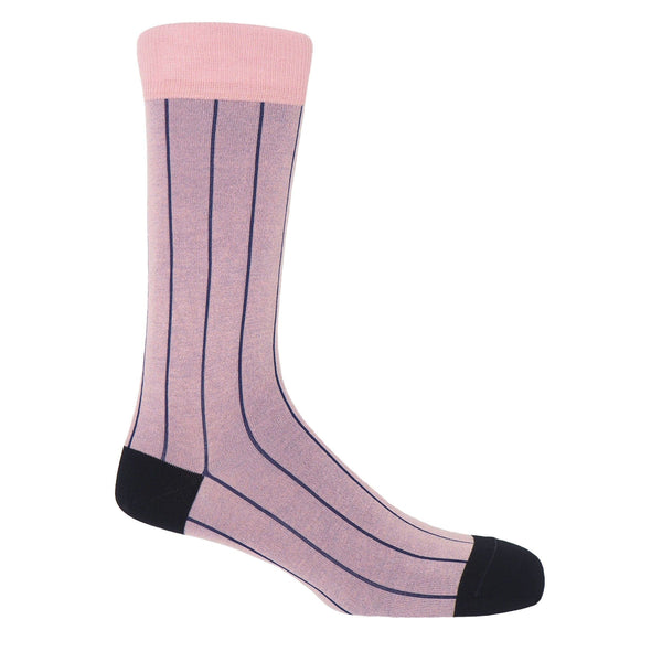 Peper Harow pink pin stripe luxury men's socks with midnight blue stripes and black heel and toe