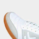 IDA Spirit Women's Indoor Soccer Futsal Shoe, White with Red & Blue accents, IC, Indoor Court, zoom in on toe box with grey suede toe