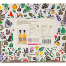 Back label of Womersley Foods Fruit & Herb vinegar Gift Box Divinely Luxurious Dressing showing nutrition information surrounded by Womersley Foods brand fruit illustration motifs.